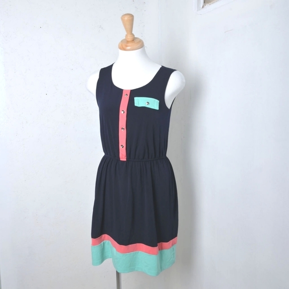 Sweet storm | Navy blue Colorful pastel sleevless womens dress & stretchy waist - Picture 1 of 12